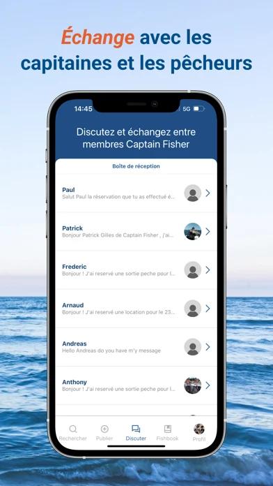 Écran de la messagerie dans l’application Captain Fisher