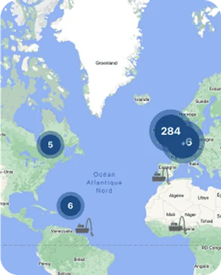 Capture de la carte de l’application d’origine : Atlantique et Amériques