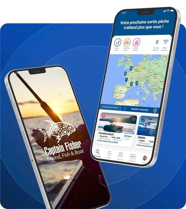 Présentation Captain Fisher avec deux téléphones montrant la carte des bateaux et une sortie pêche